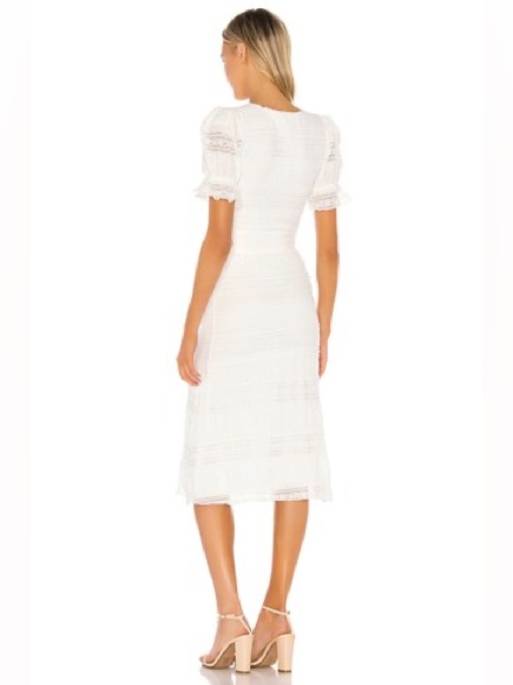 Tularosa Quinn Midi Dress Cream Boho Ruffle Puff Shoulder Belted Bridal Wedding - Picture 3 of 15